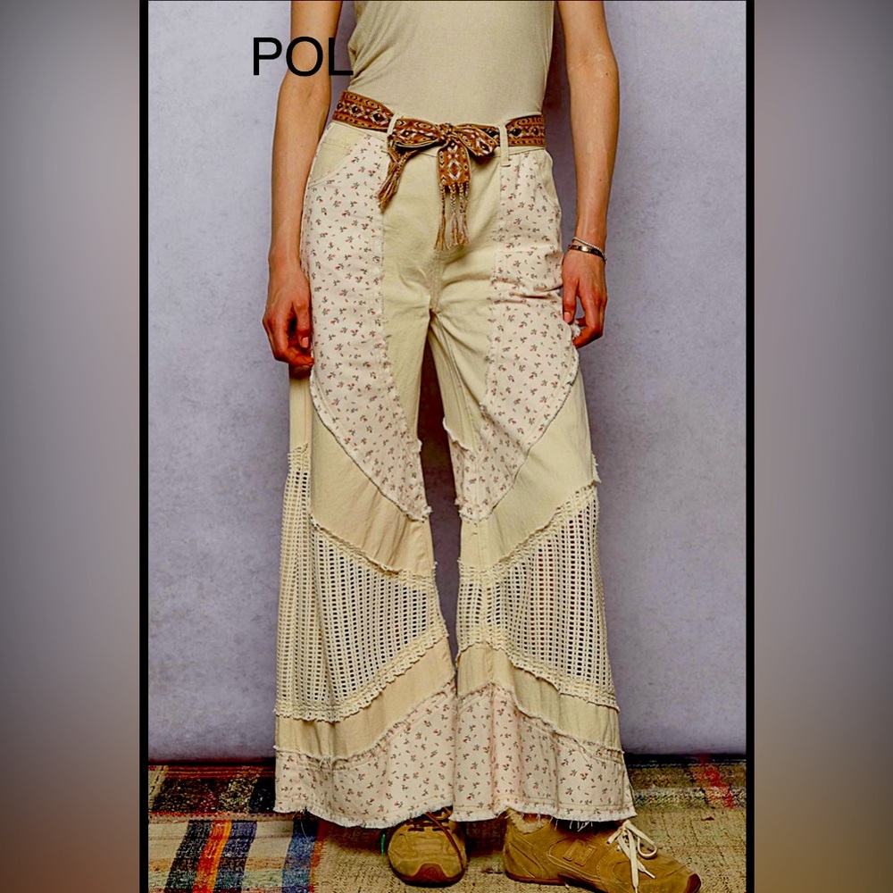 BPB8-1⭐️POL Cream Floral Wide-Leg Pants w/amazibg boho details!